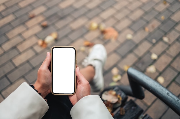 Vista dall'alto di una donna con le mani in mano smartphone con schermo bianco vuoto. Copia spazio nel giardino d'autunno. Donne che leggono testi e guardano video su un telefono cellulare