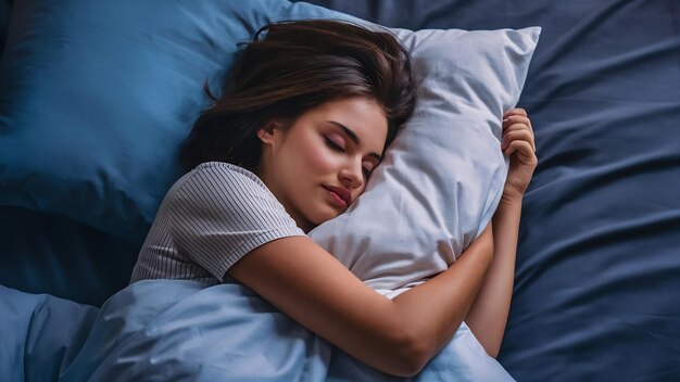 Vista dall'alto di una giovane donna attraente che dorme bene nel letto abbracciando un morbido cuscino bianco