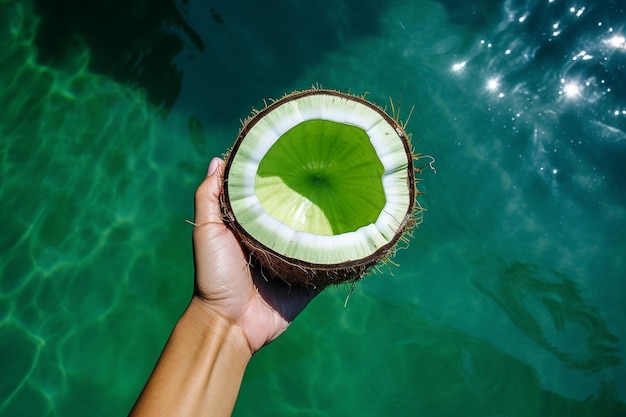 Vista dall'alto di una mano che tiene un cocco su una superficie verde