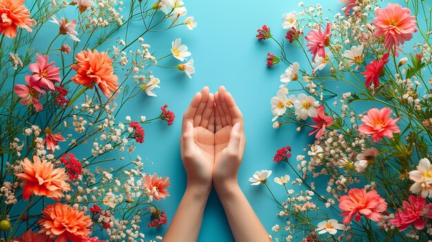 Vista dall'alto di una mano di donna che tiene fiori primaverili con altri fiori primaverili che la circondano con uno spazio vuoto su uno sfondo pulito AI generativa