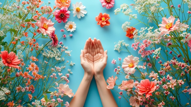 Vista dall'alto di una mano di donna che tiene fiori primaverili con altri fiori primaverili che la circondano con uno spazio vuoto su uno sfondo pulito AI generativa