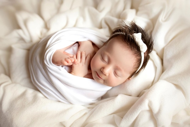 Vista dall'alto di una neonata che dorme in un bozzolo bianco su un letto bianco Bellissimo ritratto di una bambina 7 giorni una settimana Fotografia professionale in studio macro