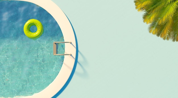 Vista dall'alto di una piscina con galleggiante, palma e scale con pavimento blu. concetto di vacanza. Rendering 3D