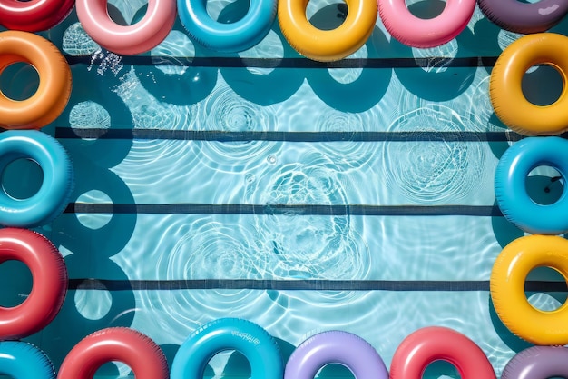 Vista dall'alto di una piscina con galleggianti ad anello