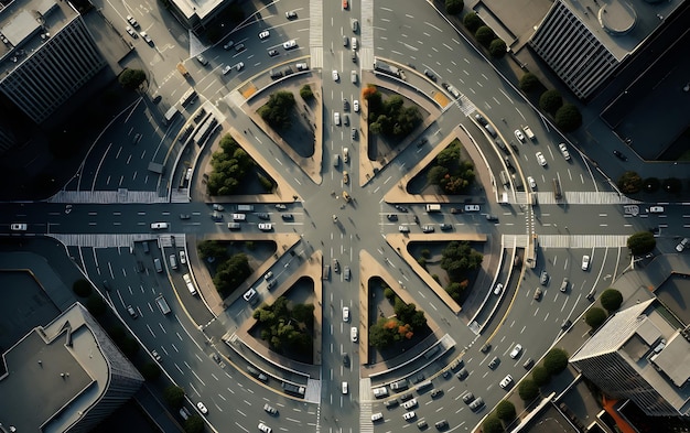 vista dall'alto di una rotatoria nel mezzo di una città trafficata vista aerea centrata simmetrica