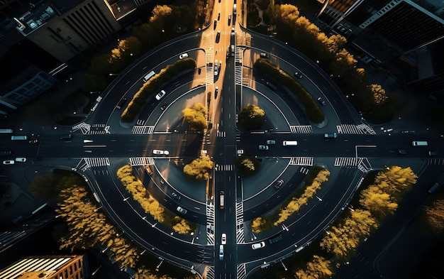 vista dall'alto di una rotatoria nel mezzo di una città trafficata vista aerea centrata simmetrica