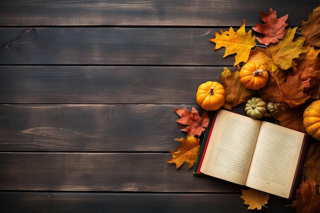 Vista dall'alto di una scena autunnale in stile vintage con foglie, un libro aperto e una zucca su un bo di legno