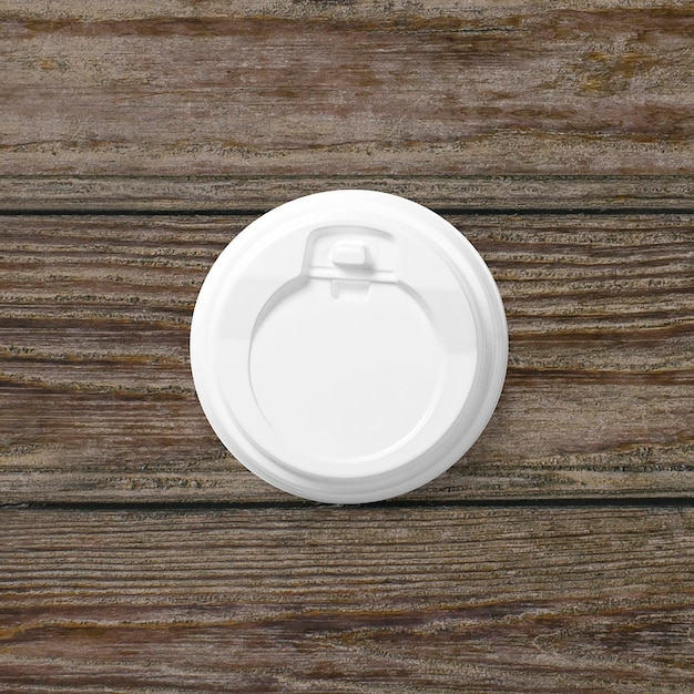 Vista dall'alto di una tazza di caffè bianca vuota con coperchio isolato su uno sfondo di legno