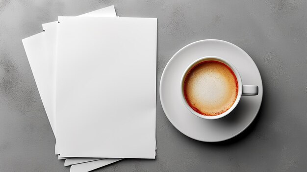 Vista dall'alto di una tazza di caffè bianco con fogli di carta bianchi per brochure con un grande spazio per la copia AI generativa