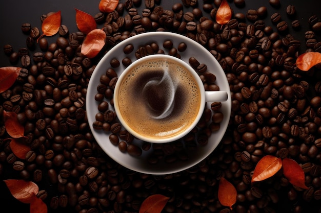 Vista dall'alto di una tazza di caffè fumosa con i fagioli che la circondano