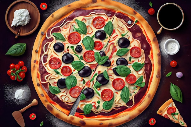 Vista dall'alto di una tradizionale pizza italiana Generative Ai