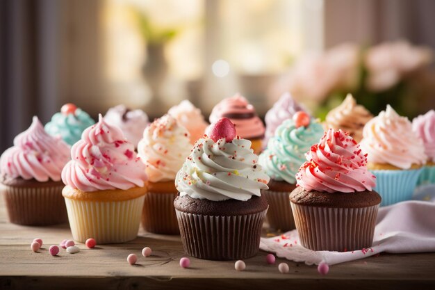 Vista dall'alto di una varietà di cupcake colorati disposti su una superficie di marmo bianco