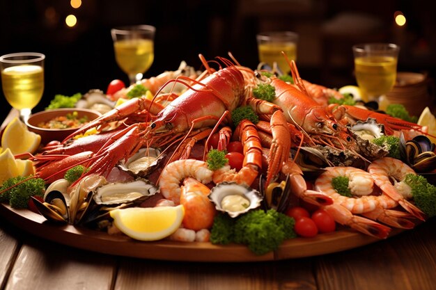 Vista dall'alto di una varietà di pesce e frutti di mare freschi sul ghiaccio