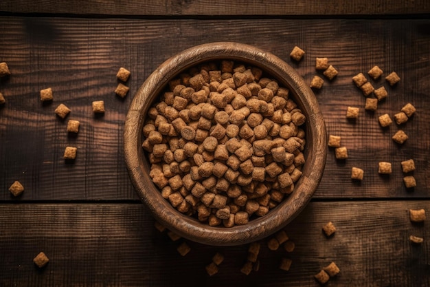 Vista dall'alto di uno sfondo di legno duro con una ciotola di cibo per cani secco