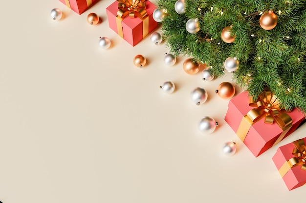 Vista dall'alto di uno sfondo natalizio con regali di albero di Natale e palle con spazio per il testo