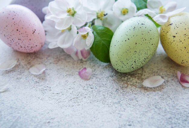 Vista dall'alto di uova di Pasqua colorate e fiori primaverili su sfondo di cemento