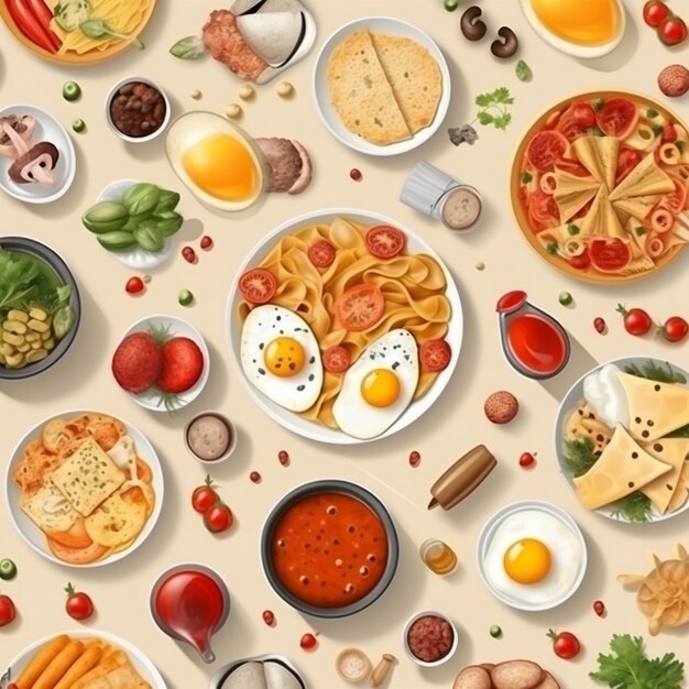 Vista dall'alto di vari alimenti come illustrazione di sfondo del concetto culinario AI generativa