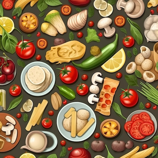 Vista dall'alto di vari alimenti come illustrazione di sfondo del concetto culinario