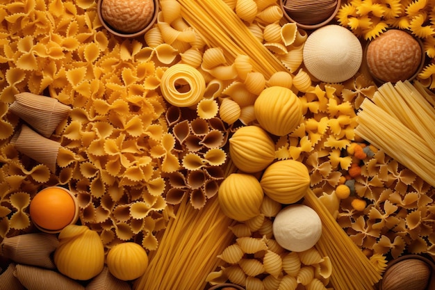 Vista dall'alto di vari tipi di deliziosa pasta secca per preparare il cibo su sfondo di ingredienti crudi da tavola