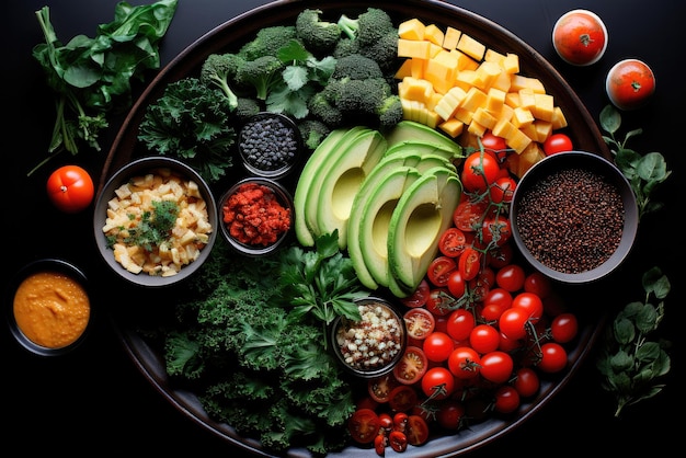 Vista dall'alto di varie verdure fresche sullo sfondo scuro Concetto di nutrizione e vitamine