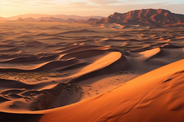 Vista dall'alto di vaste dune del deserto in una luce dorata creata con l'IA generativa