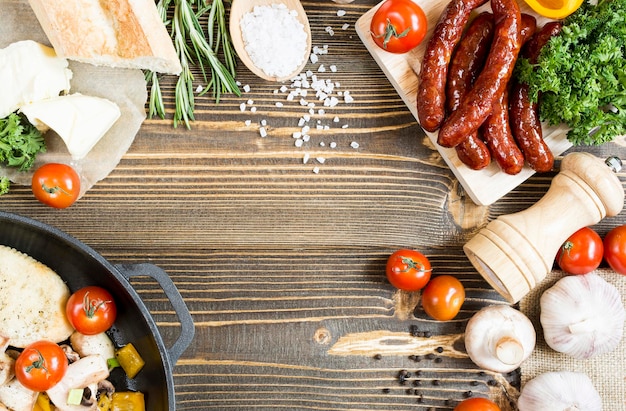 Vista dall'alto di verdure alimentari condimenti di carne su fondo di legno