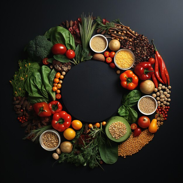 Vista dall'alto di verdure fresche, frutta e legumi su uno sfondo nero concetto di cibo sano