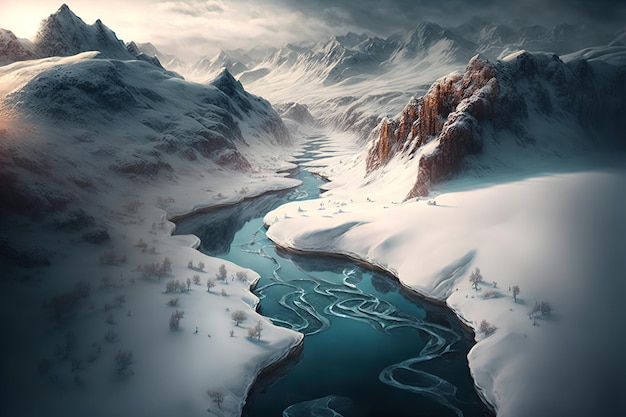 vista dall'alto dove l'acqua scorre tra le montagne innevate