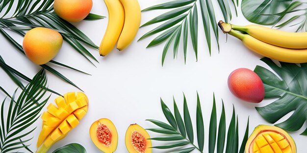 Vista dall'alto foglie di palma mango guave e banane su sfondo bianco