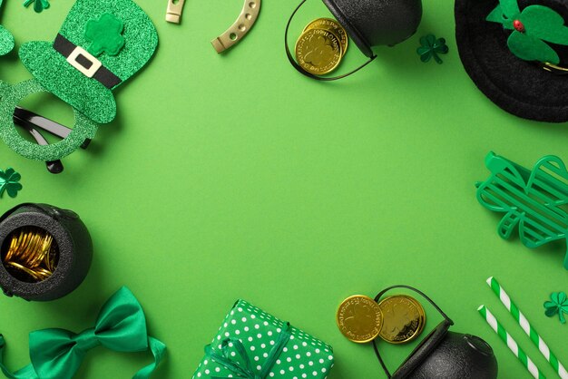 Vista dall'alto foto del giorno di san patrizio decoro occhiali da festa leprechaun cappello cannucce papillon verde confezione regalo trifogli a ferro di cavallo pentole monete d'oro su sfondo verde pastello isolato con copyspace nel mezzo