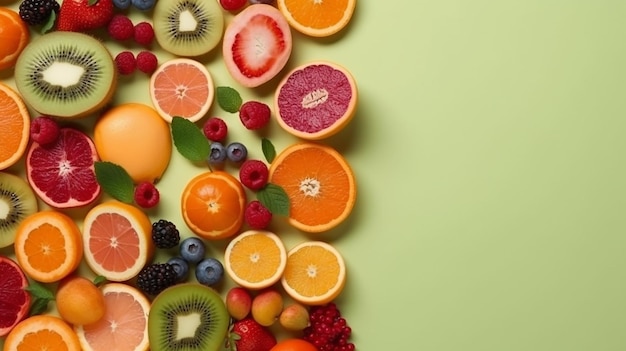 Vista dall'alto fresca e succosa dei frutti estivi disposti su sfondo pastello con intelligenza artificiale generativa