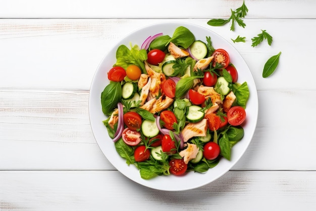 Vista dall'alto in basso di insalata di pollo e verdure su un tavolo di legno bianco