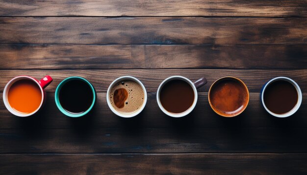 Vista dall'alto invitante e calda di molteplici tazze da caffè artisticamente disposte su un rustico tavolo di legno