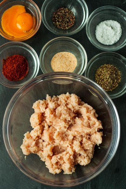 vista dall'alto layout in pollo tritato aggiungere spezie aglio secco paprika sale pepe tuorli ingredienti per co