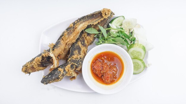 Vista dall'alto Lele Goreng o pesce gatto fritto è cibo culinario tradizionale indonesiano Pesce gatto e peperoncino Pasta di pomodoro Cibo di strada popolare chiamato Pecel Lele Lamongan