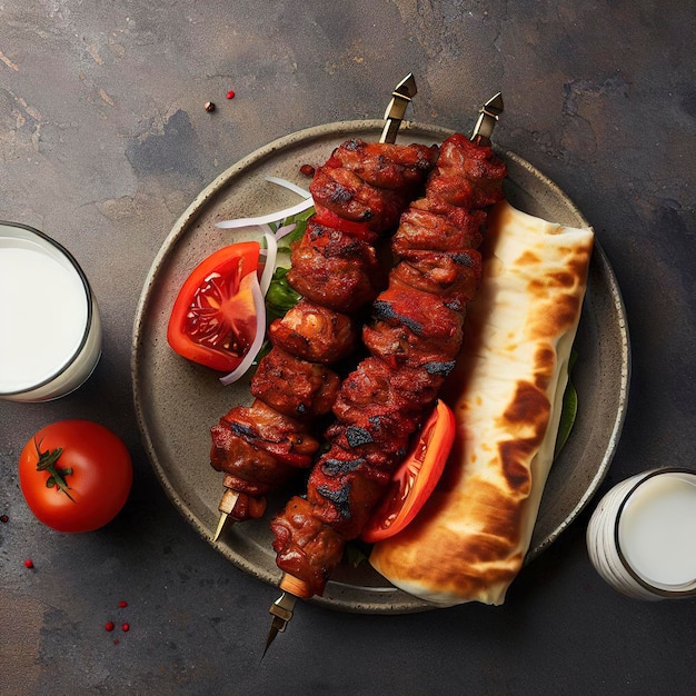 Vista dall'alto lule kebab con pomodoro e cipolla e ayran su sfondo di pietra