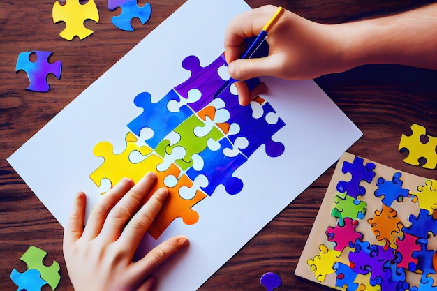 Vista dall'alto mani di un bambino autistico e di un padre che organizza puzzle a colori Ai generativo