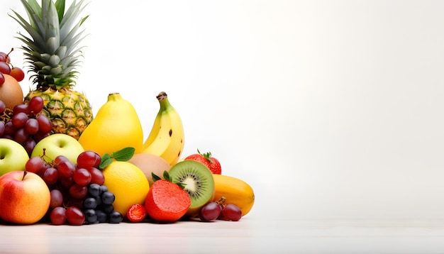 Vista dall'alto molti tipi di frutta sul tavolo Banner design copia spazio sfondo