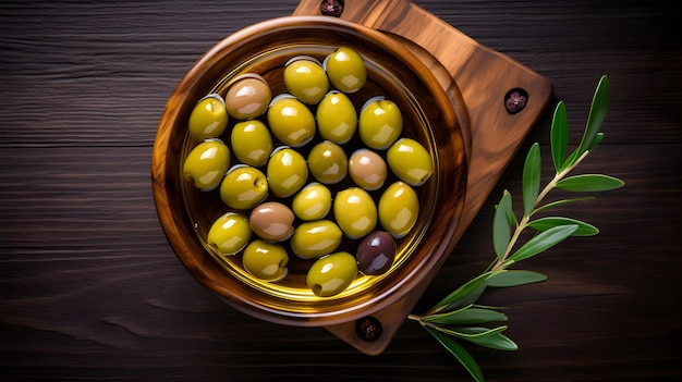 vista dall'alto Olive con olio d'oliva su uno sfondo di legno scuro foglie d'oliva olive