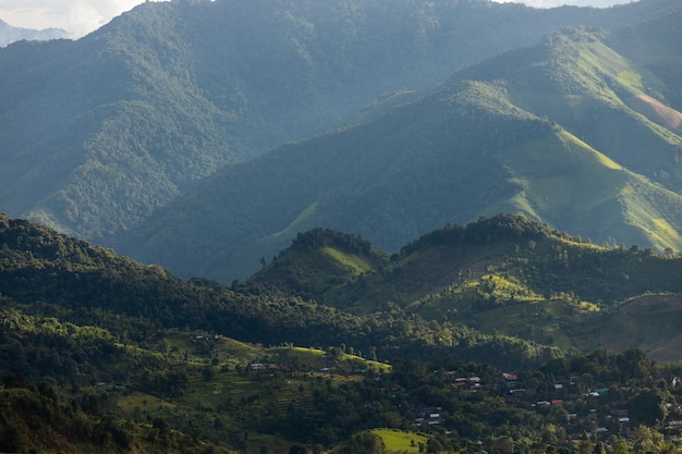 Vista dall'alto Paesaggio della nebbia mattutina con strato di montagna a nord della cresta montuosa della Thailandia e nuvole nella foresta di cespugli della giungla rurale