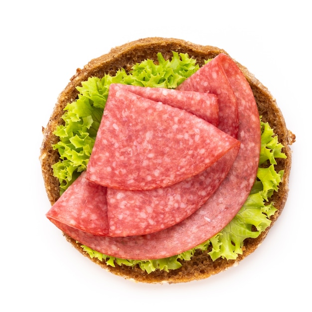 Vista dall'alto panino con salame e insalata