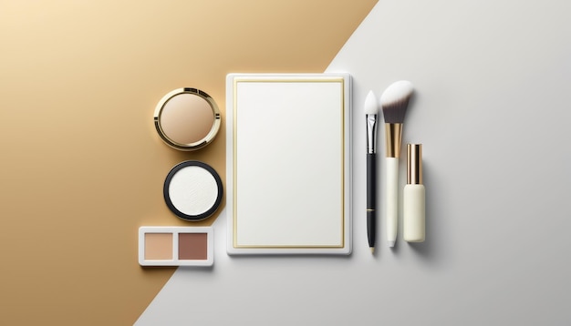 Vista dall'alto piatta degli accessori cosmetici. Collezione trucco nei toni del bianco e dell'oro