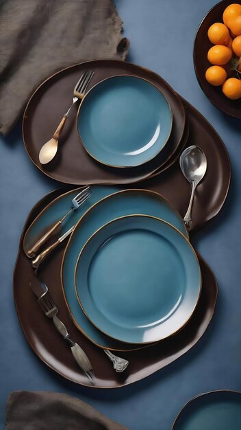 Vista dall'alto piatto rotondo vuoto di colore scuro su sfondo blu piatto di colore cucine coperte vetro