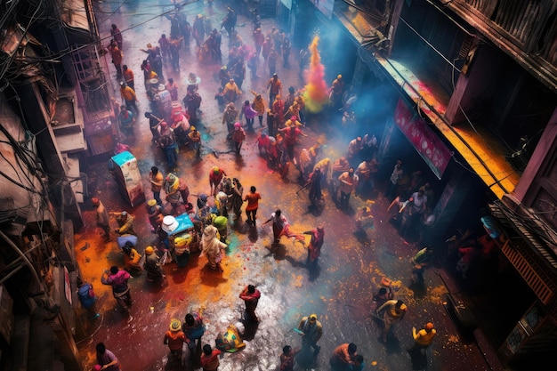 vista dall'alto ripresa realistica di Happy holi sulla gente di strada colorata ai generata