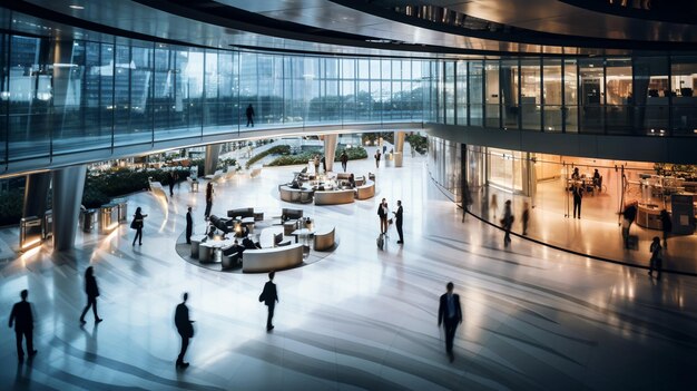 Vista dall'alto Scatto a lunga esposizione della moderna lobby dell'ufficio con uomini d'affari che camminano sfocati in movimento veloce