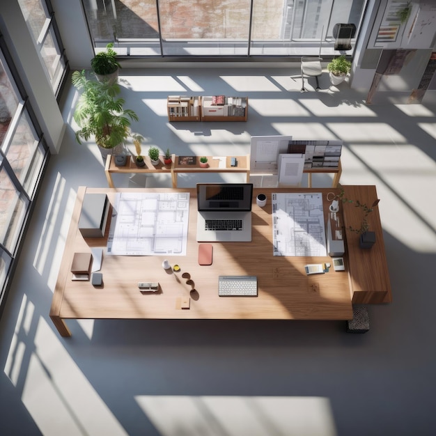 Vista dall'alto Scrivania da architetto con strumenti per ufficio computer portatile vaso per piante e su sfondo tavolo in legno IA generativa