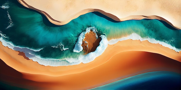 Vista dall'alto spiaggia sabbiosa con l'oceano e le onde visibili sullo sfondo