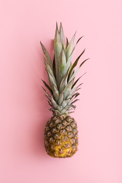 Vista dall'alto su ananas fresco biologico su sfondo rosa chiaro