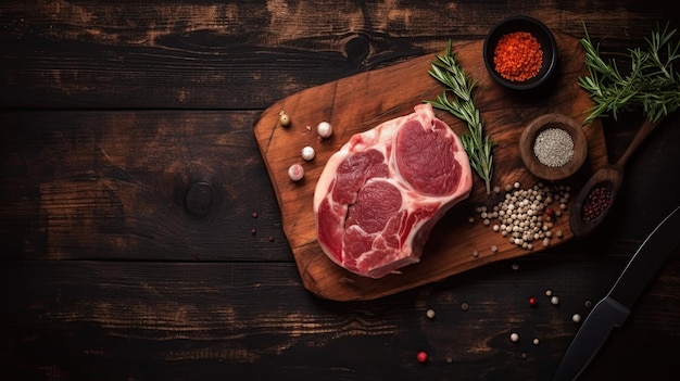 Vista dall'alto su carne cruda e spezie su un tavolo di legno