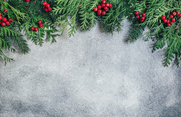 vista dall'alto su sfondo grigio con rami di un albero di Natale